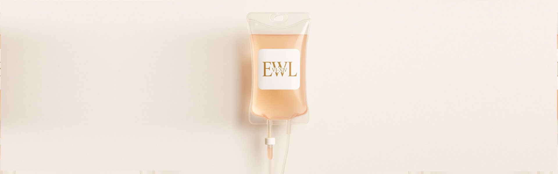 IV fluid bag filled with a peach-colored liquid